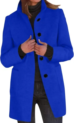 Long Pea Coats for Women Stand Collar Single Breasted Wool Coats Wool Blend Peacoat Winter Casual Overcoat Jacket