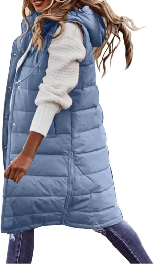 Long Winter Coats for Women Fashion Sleeveless Hooded Puffer Jacket Vest Casual Going Out Zip Up Outwear with Pocket