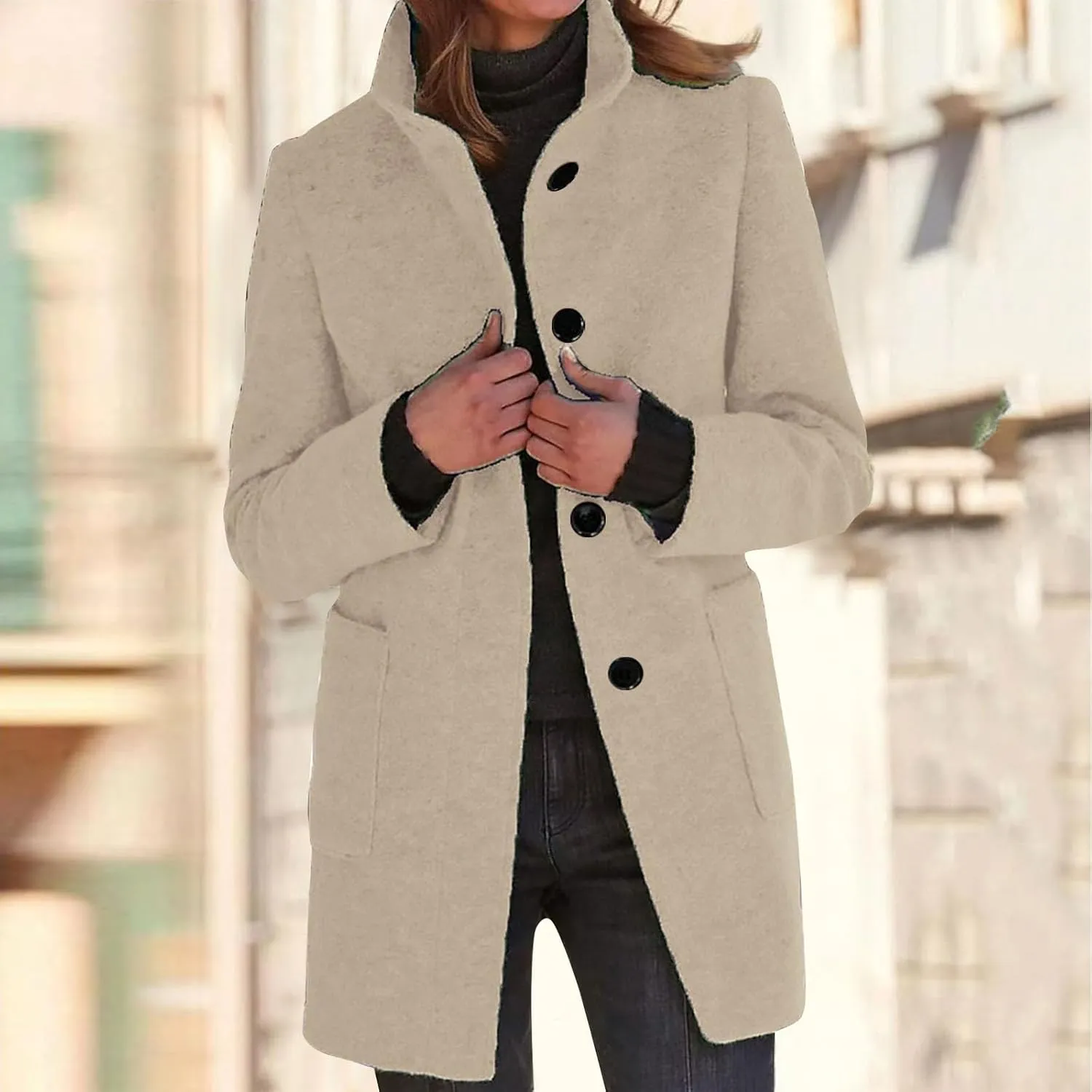 Long Wool Coats Women Thicken Wool Blend Stand Collar Single Breasted Pea Jacket Cute Winter Peacoat