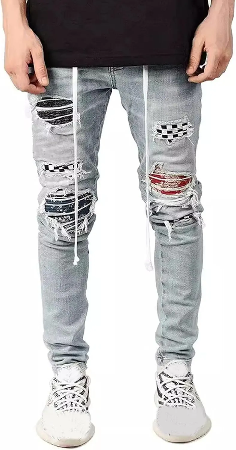 Maiyifu-GJ Men's Ripped Distressed Biker Jeans Slim Fit Skinny Denim Pants Stretch Tapered Leg Hip Hop Jeans for Men