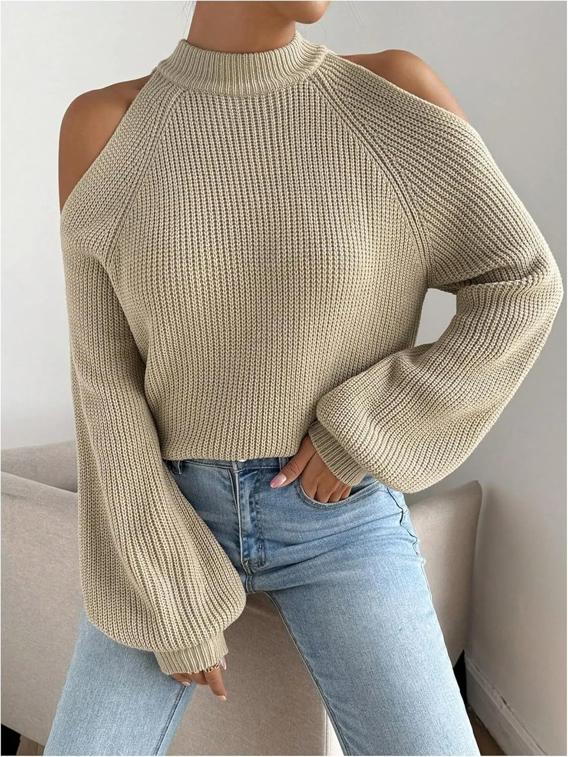 MakeMeChic Women's Cold Shoulder Mock Neck Pullover Sweater Puff Long Sleeve Knit Sweaters