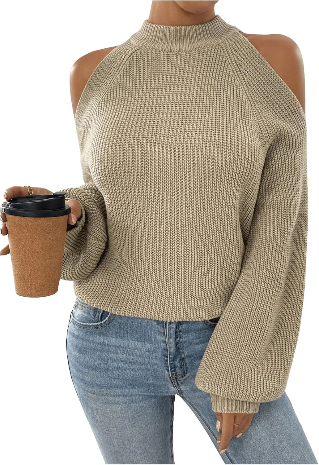 MakeMeChic Women's Cold Shoulder Mock Neck Pullover Sweater Puff Long Sleeve Knit Sweaters