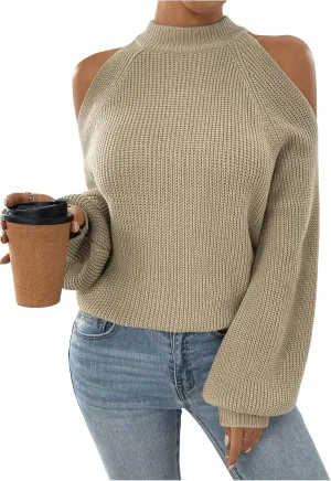 MakeMeChic Women's Cold Shoulder Mock Neck Pullover Sweater Puff Long Sleeve Knit Sweaters