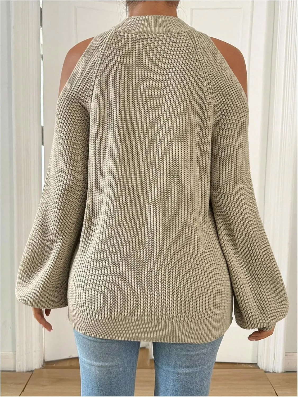 MakeMeChic Women's Cold Shoulder Mock Neck Pullover Sweater Puff Long Sleeve Knit Sweaters