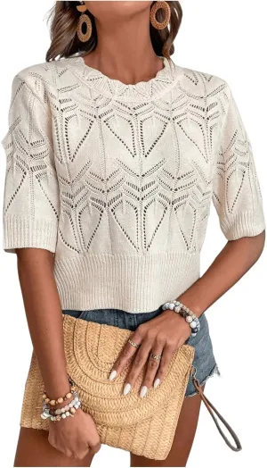 MakeMeChic Women's Knit Hollow Out Sweater Vest Short Sleeve Crew Neck Pullover Tops