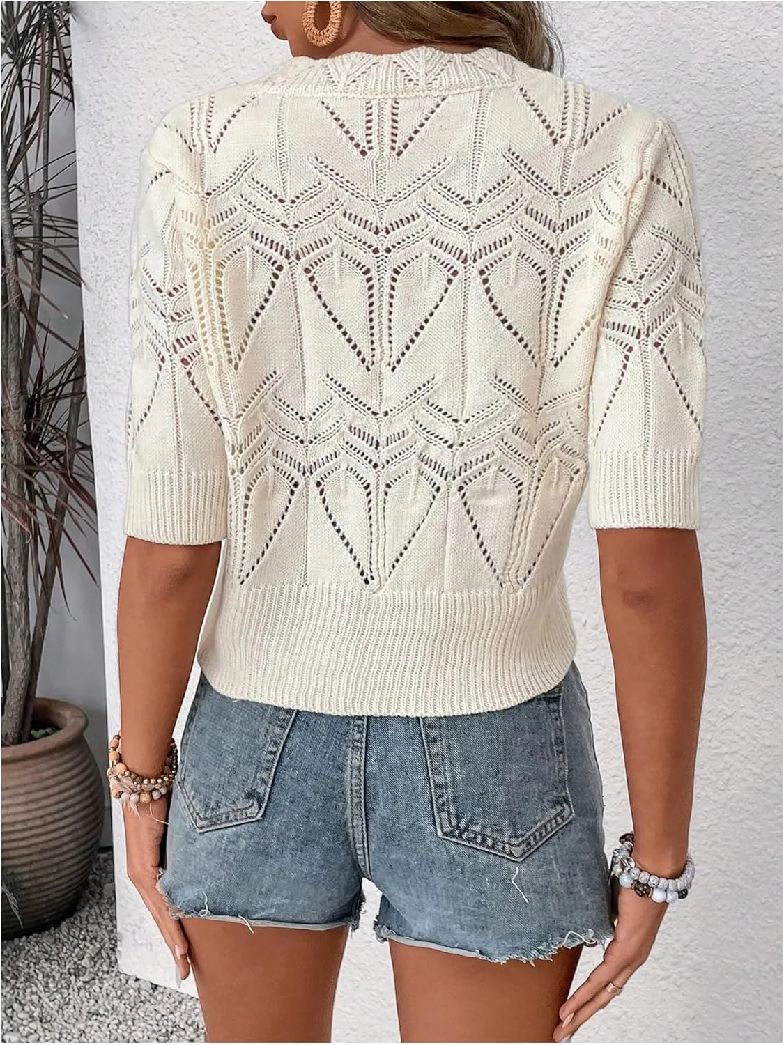 MakeMeChic Women's Knit Hollow Out Sweater Vest Short Sleeve Crew Neck Pullover Tops