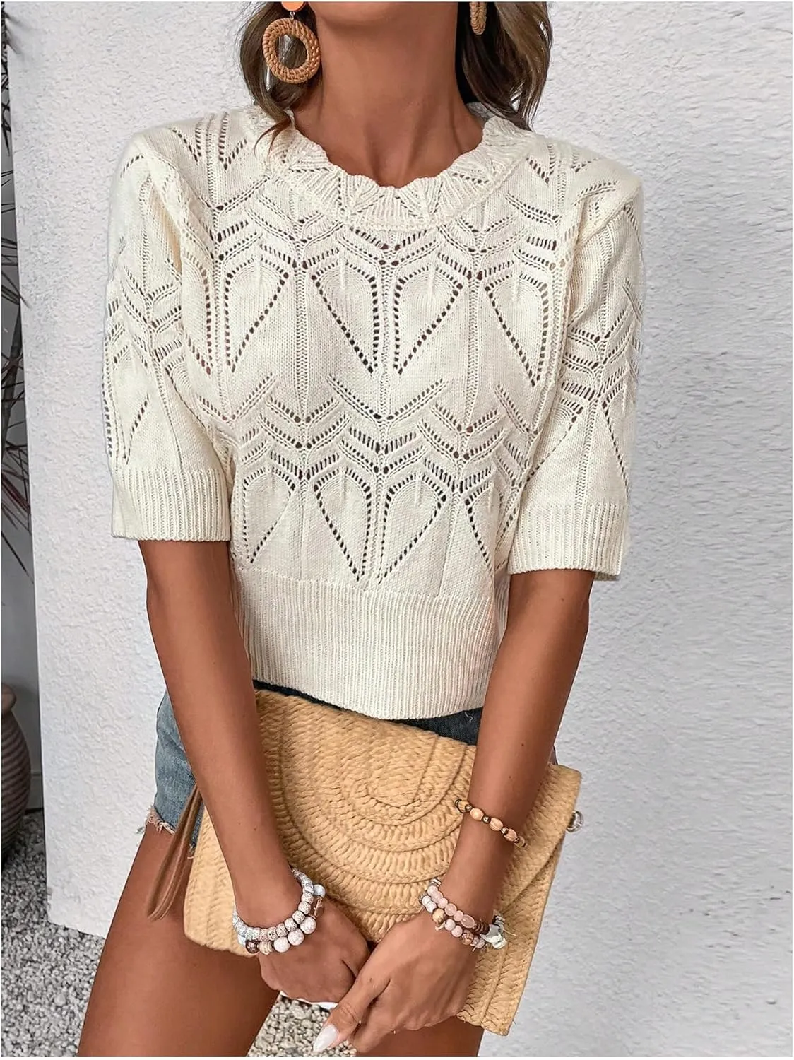 MakeMeChic Women's Knit Hollow Out Sweater Vest Short Sleeve Crew Neck Pullover Tops