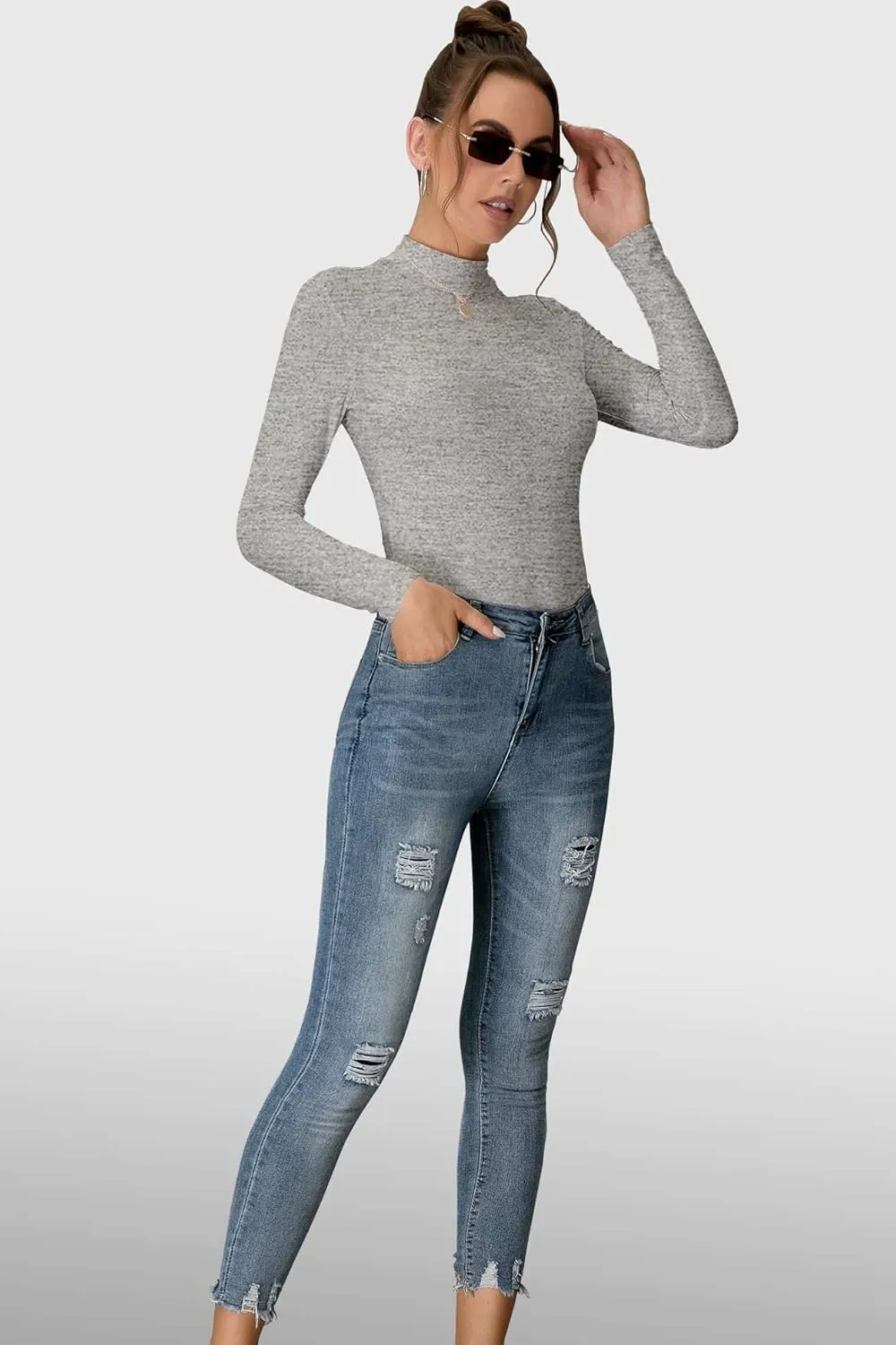 MANGDIUP Women's Mock Turtleneck Long Sleeve Sleeveless Pullover Tops Slim Fit Basic T-Shirts
