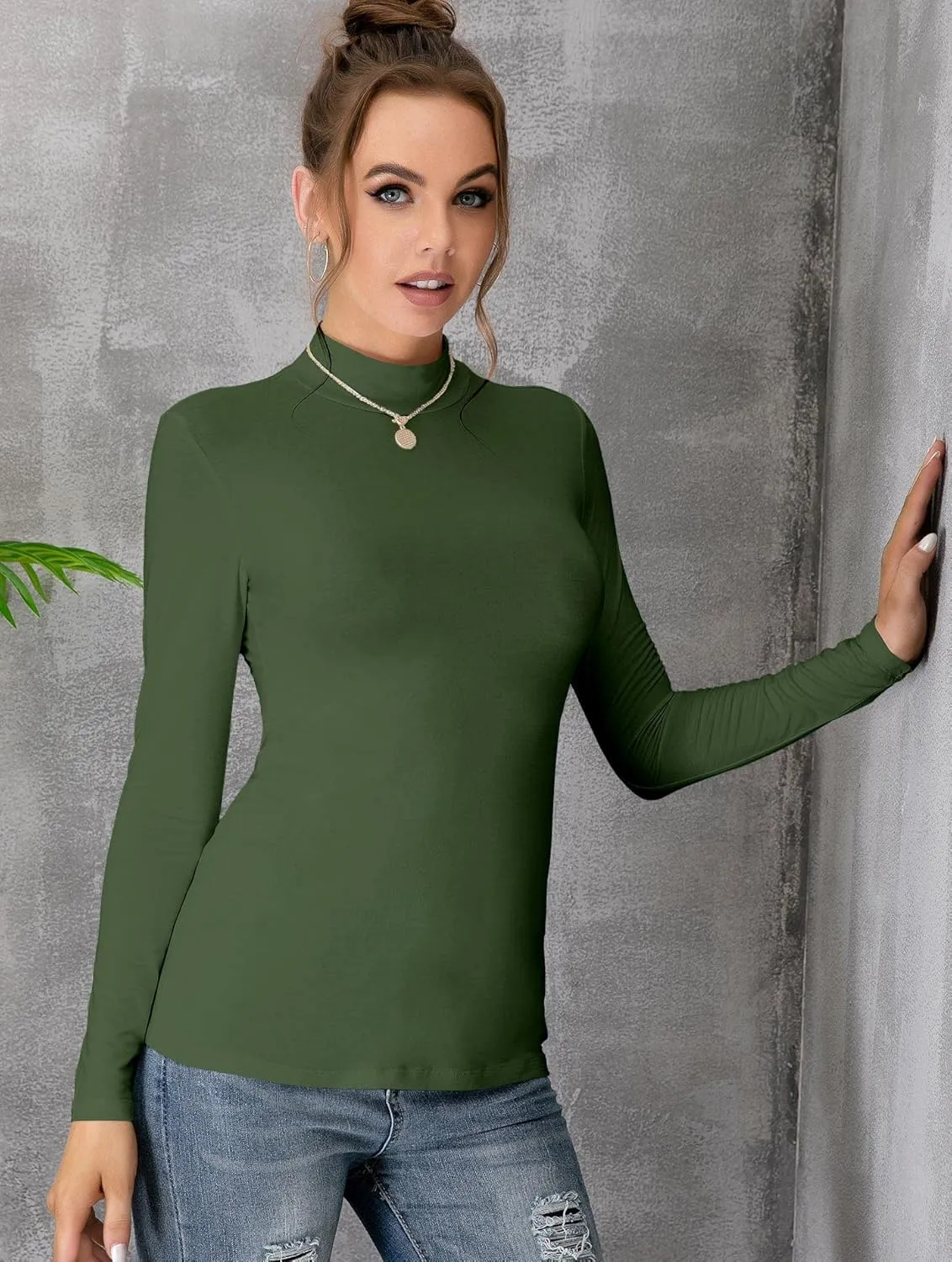 MANGDIUP Women's Mock Turtleneck Long Sleeve Sleeveless Pullover Tops Slim Fit Basic T-Shirts