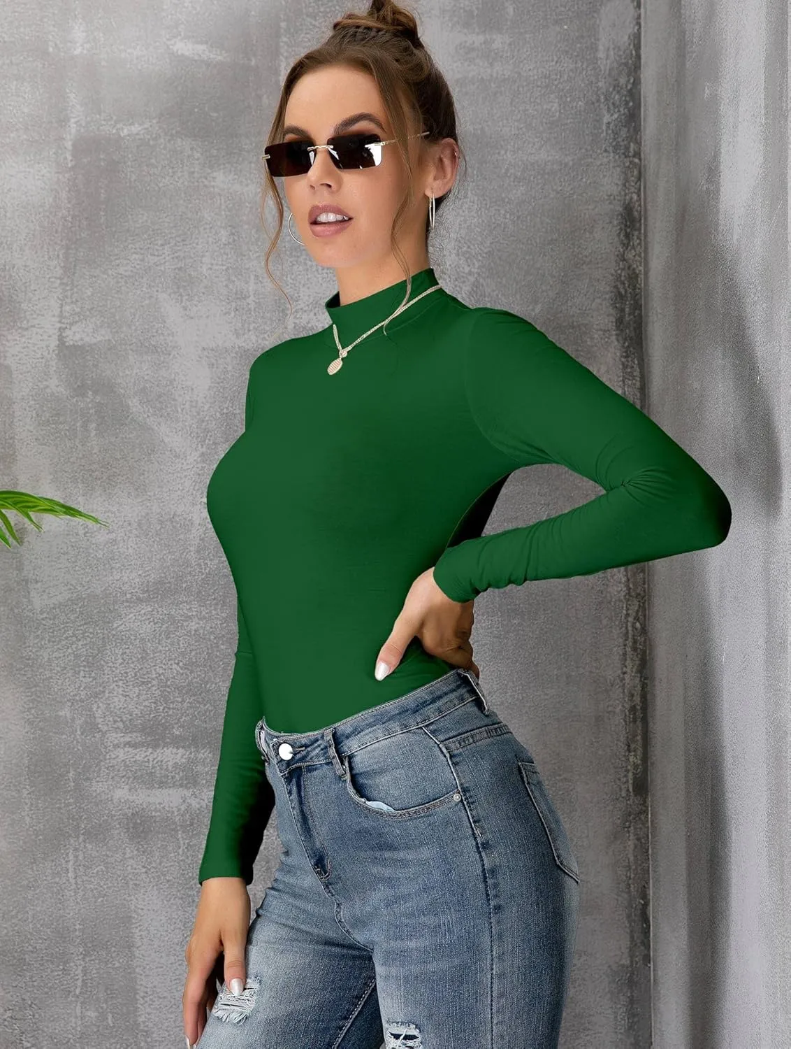 MANGDIUP Women's Mock Turtleneck Long Sleeve Sleeveless Pullover Tops Slim Fit Basic T-Shirts