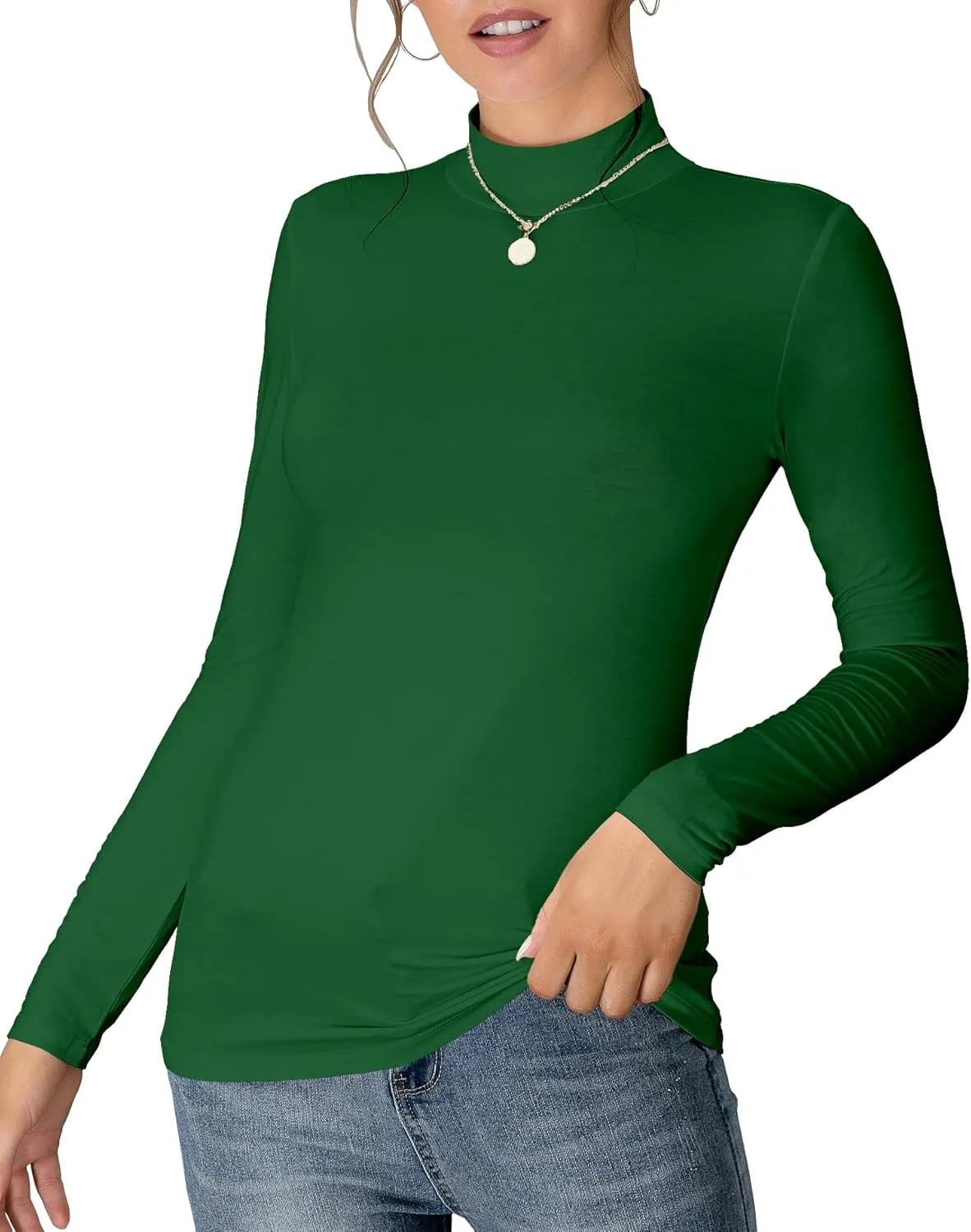 MANGDIUP Women's Mock Turtleneck Long Sleeve Sleeveless Pullover Tops Slim Fit Basic T-Shirts
