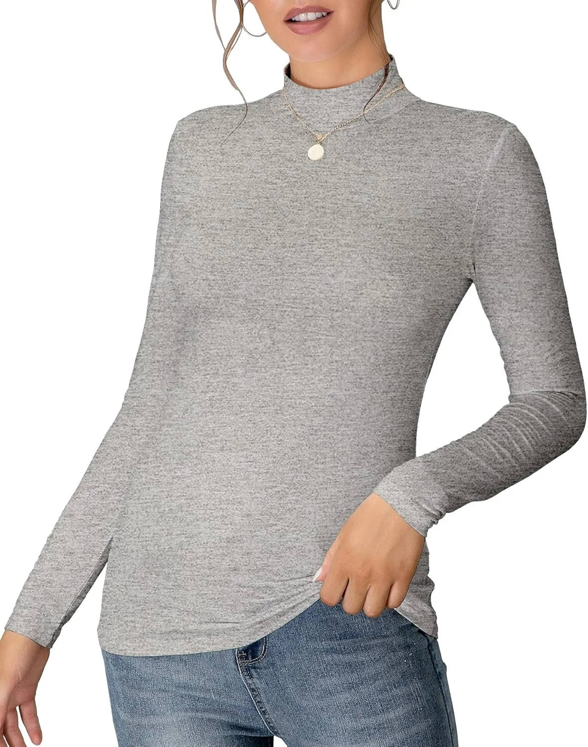 MANGDIUP Women's Mock Turtleneck Long Sleeve Sleeveless Pullover Tops Slim Fit Basic T-Shirts