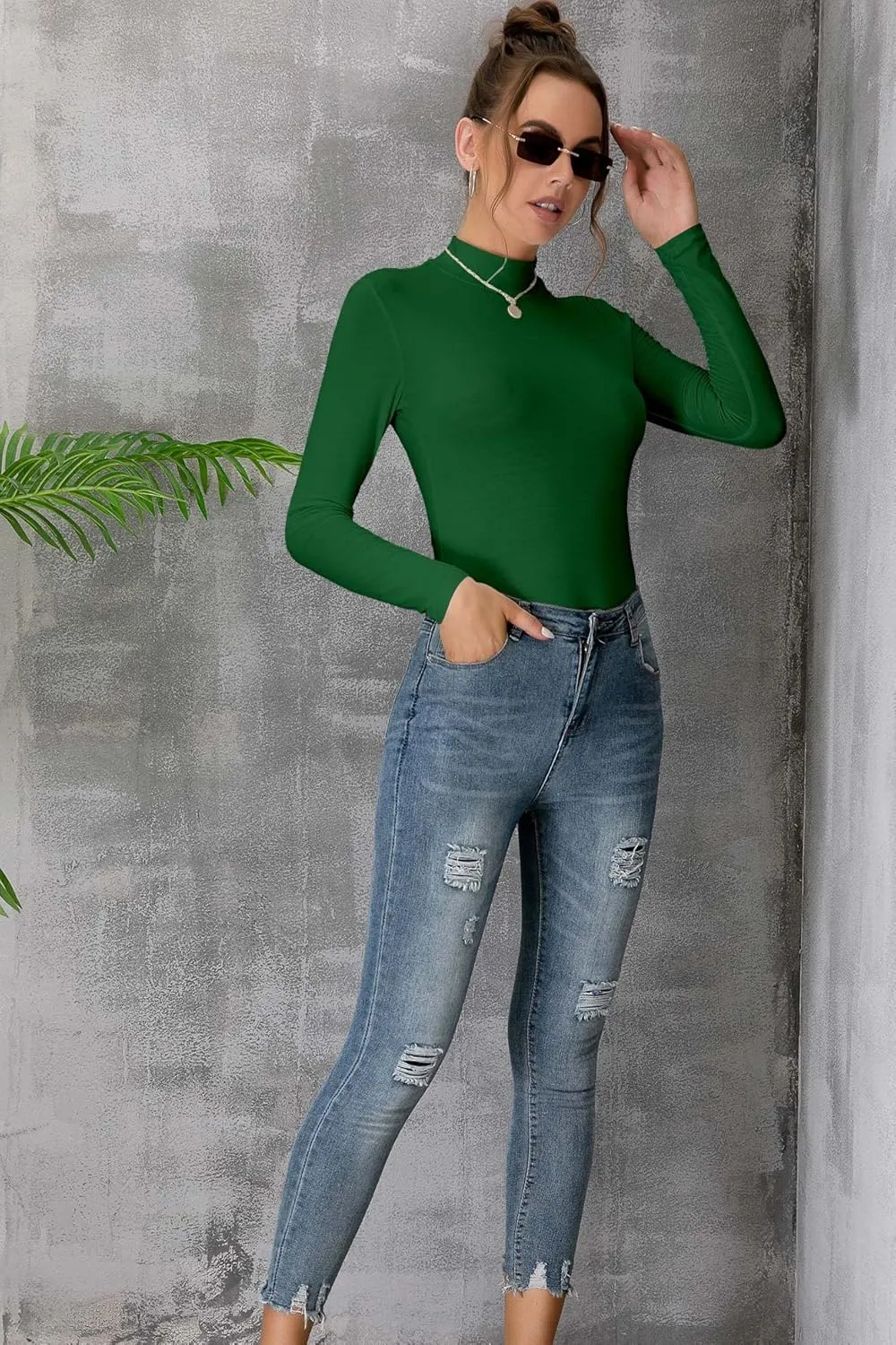 MANGDIUP Women's Mock Turtleneck Long Sleeve Sleeveless Pullover Tops Slim Fit Basic T-Shirts