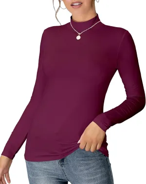 MANGDIUP Women's Mock Turtleneck Long Sleeve Sleeveless Pullover Tops Slim Fit Basic T-Shirts