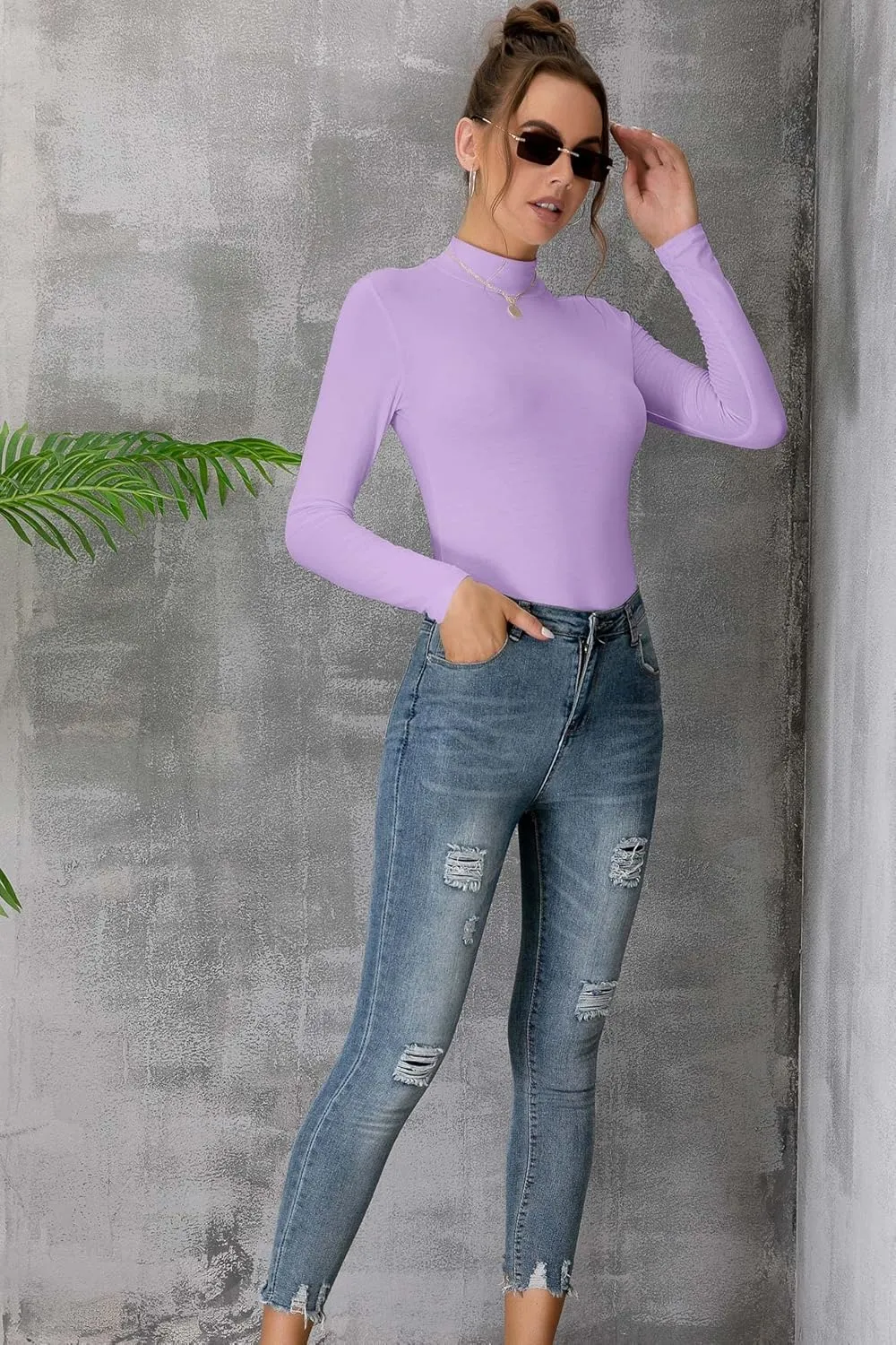 MANGDIUP Women's Mock Turtleneck Long Sleeve Sleeveless Pullover Tops Slim Fit Basic T-Shirts
