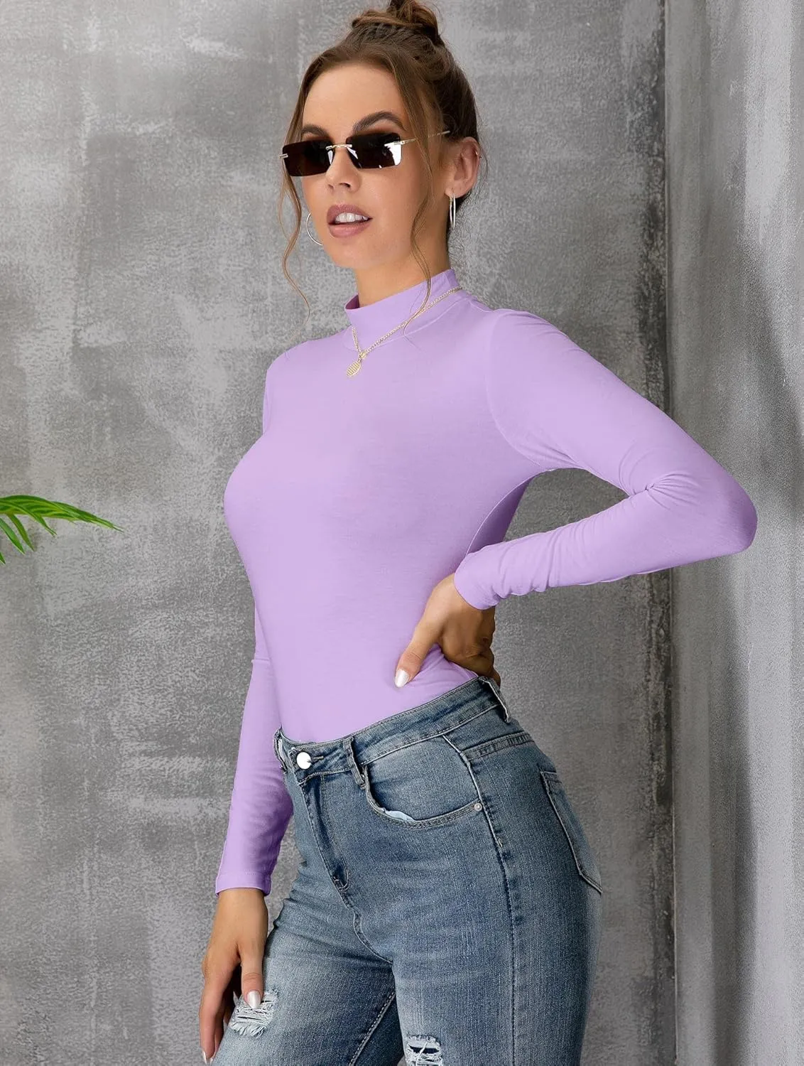 MANGDIUP Women's Mock Turtleneck Long Sleeve Sleeveless Pullover Tops Slim Fit Basic T-Shirts