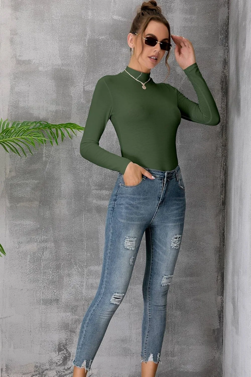 MANGDIUP Women's Mock Turtleneck Long Sleeve Sleeveless Pullover Tops Slim Fit Basic T-Shirts