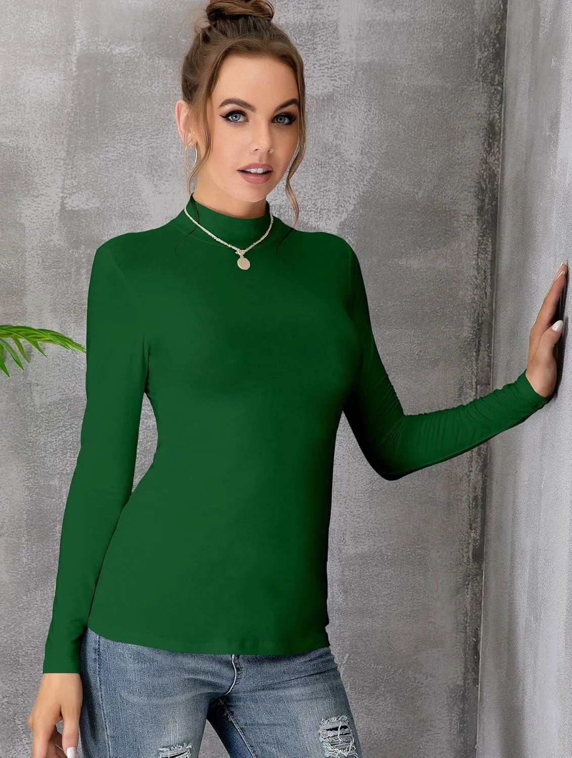 MANGDIUP Women's Mock Turtleneck Long Sleeve Sleeveless Pullover Tops Slim Fit Basic T-Shirts