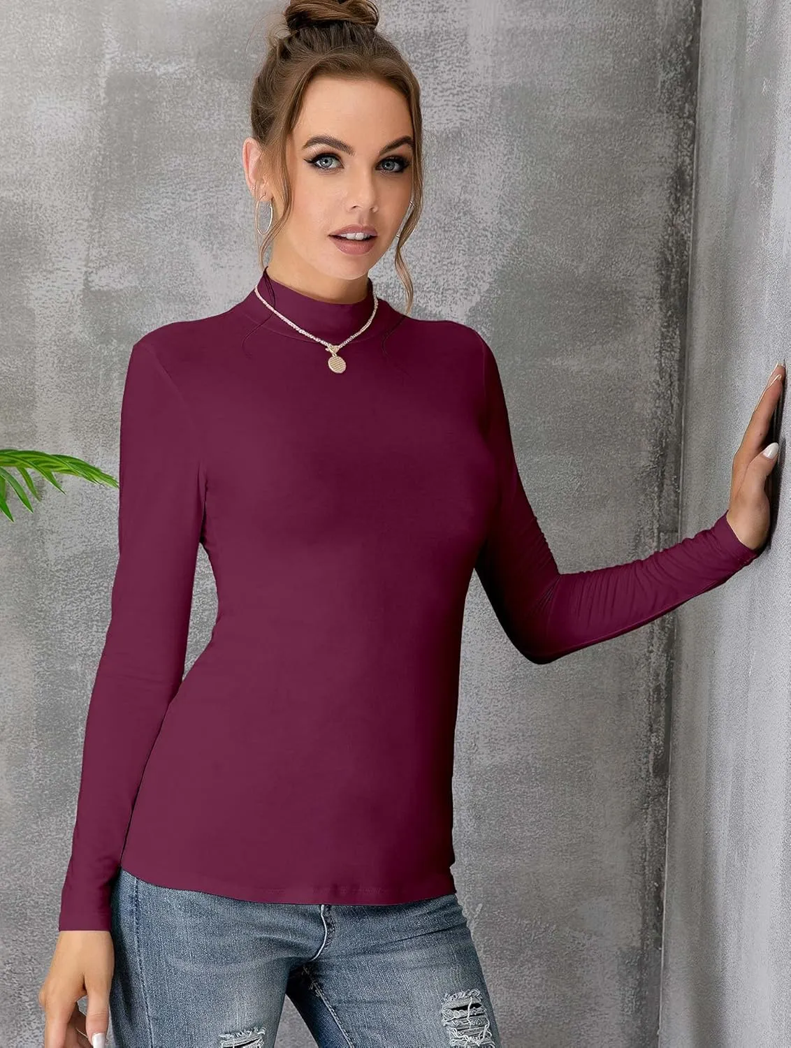 MANGDIUP Women's Mock Turtleneck Long Sleeve Sleeveless Pullover Tops Slim Fit Basic T-Shirts