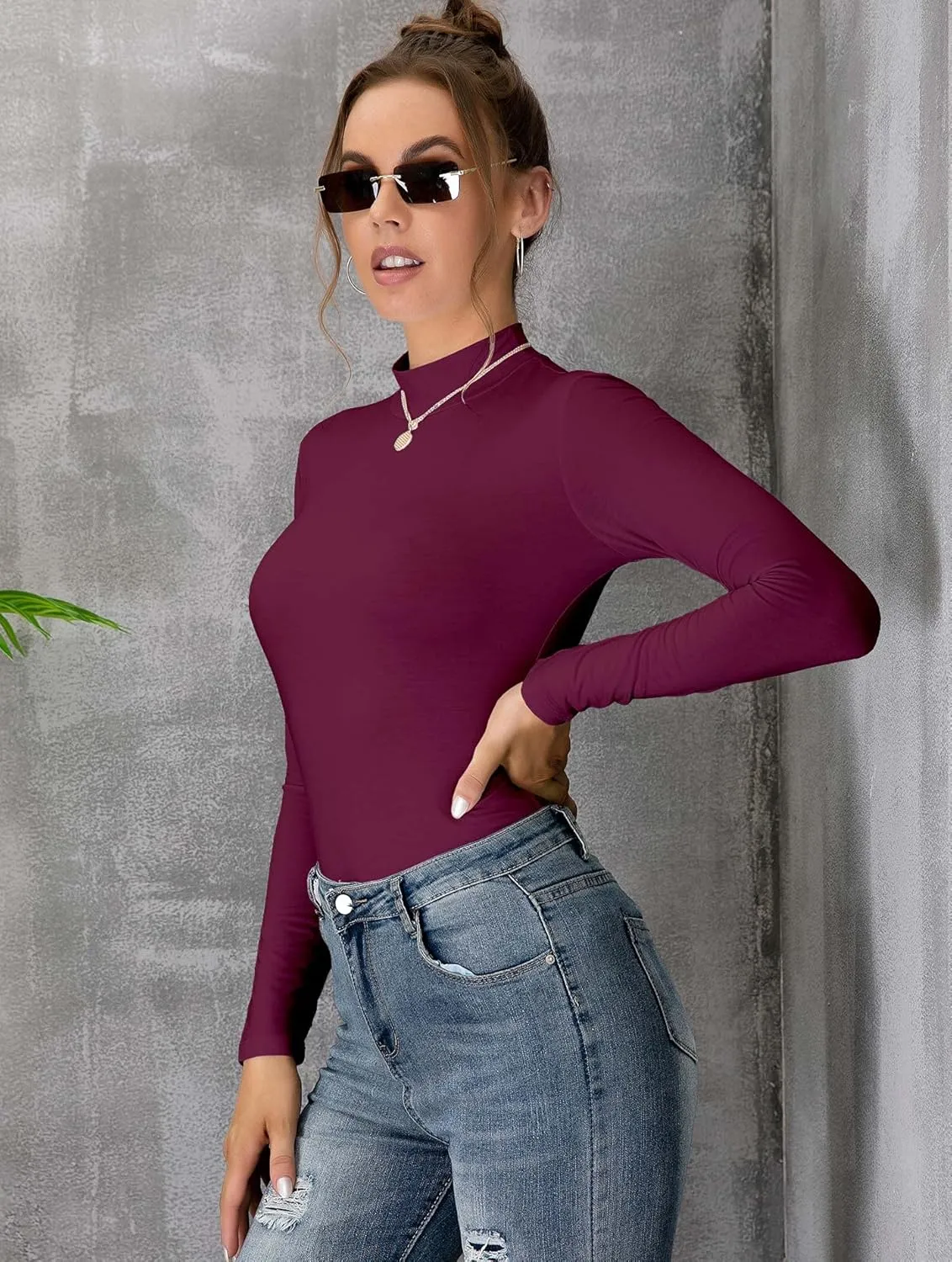 MANGDIUP Women's Mock Turtleneck Long Sleeve Sleeveless Pullover Tops Slim Fit Basic T-Shirts