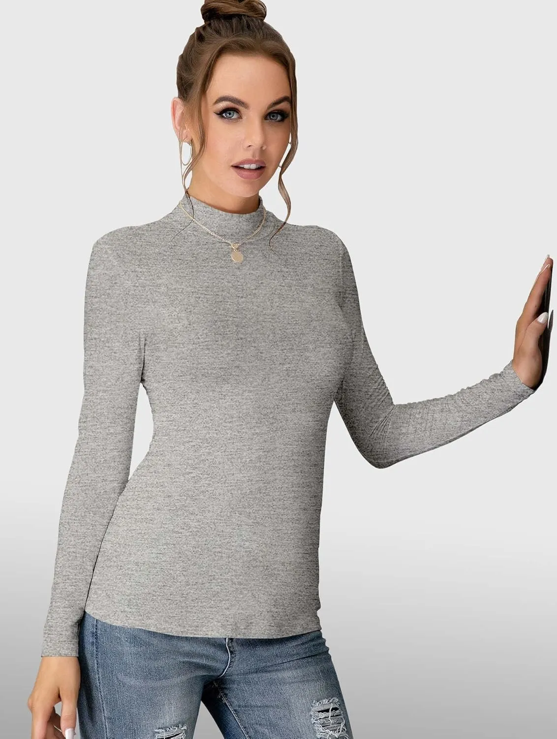 MANGDIUP Women's Mock Turtleneck Long Sleeve Sleeveless Pullover Tops Slim Fit Basic T-Shirts