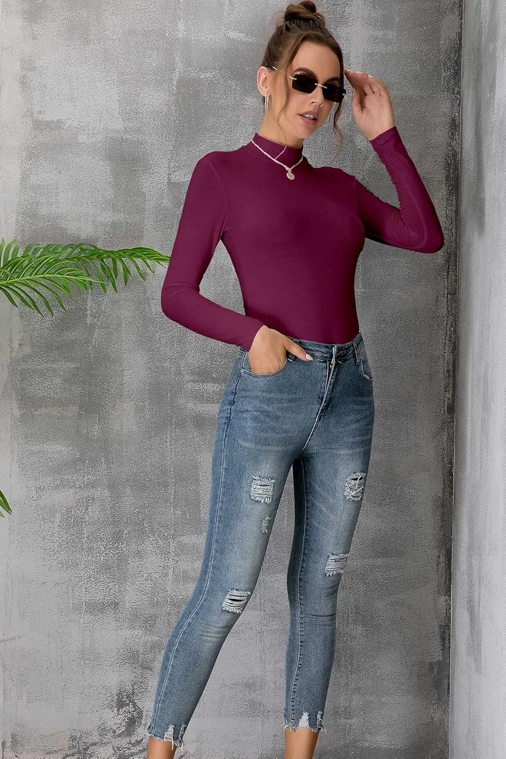 MANGDIUP Women's Mock Turtleneck Long Sleeve Sleeveless Pullover Tops Slim Fit Basic T-Shirts