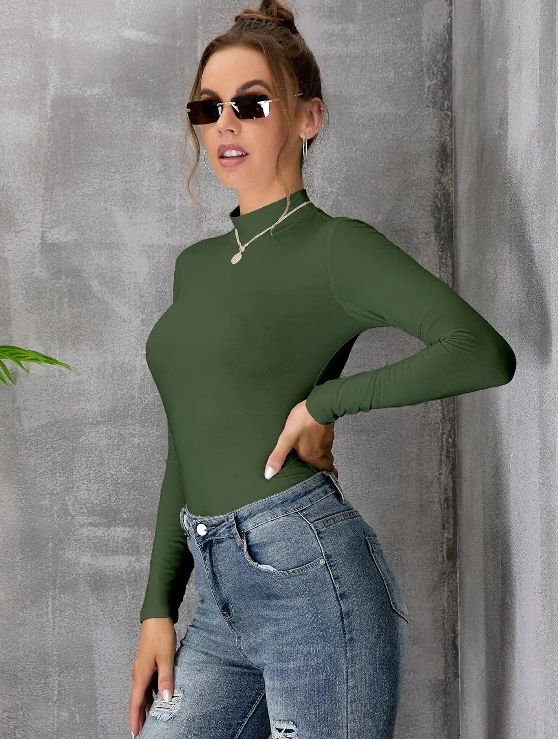 MANGDIUP Women's Mock Turtleneck Long Sleeve Sleeveless Pullover Tops Slim Fit Basic T-Shirts