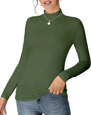 MANGDIUP Women's Mock Turtleneck Long Sleeve Sleeveless Pullover Tops Slim Fit Basic T-Shirts