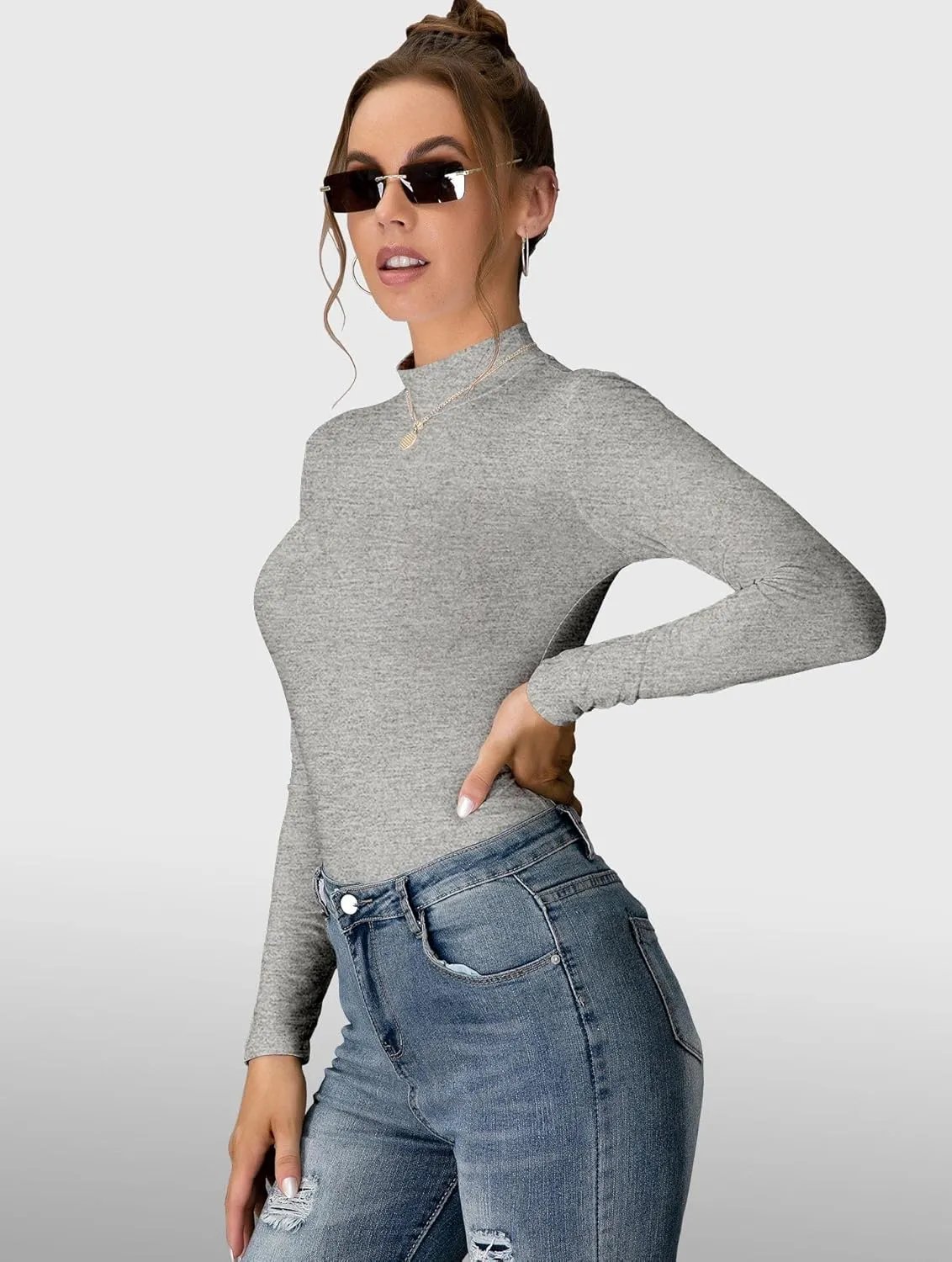 MANGDIUP Women's Mock Turtleneck Long Sleeve Sleeveless Pullover Tops Slim Fit Basic T-Shirts