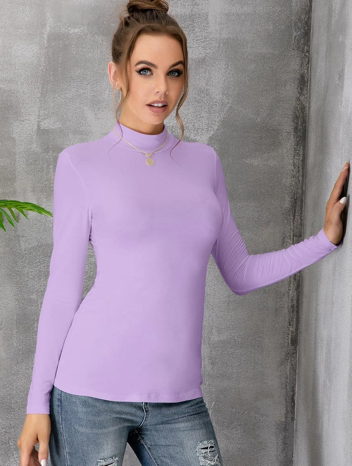 MANGDIUP Women's Mock Turtleneck Long Sleeve Sleeveless Pullover Tops Slim Fit Basic T-Shirts