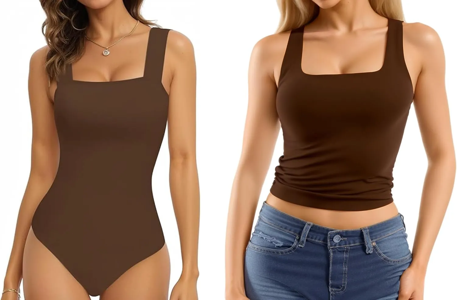 MANGOPOP Square Neck Sleeveless Bodysuit for Women Double Lined Tank Top Basic T Shirts