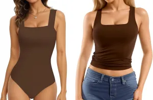 MANGOPOP Square Neck Sleeveless Bodysuit for Women Double Lined Tank Top Basic T Shirts