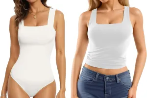MANGOPOP Square Neck Sleeveless Bodysuit for Women Double Lined Tank Top Basic T Shirts