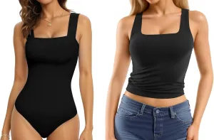MANGOPOP Square Neck Sleeveless Bodysuit for Women Double Lined Tank Top Basic T Shirts