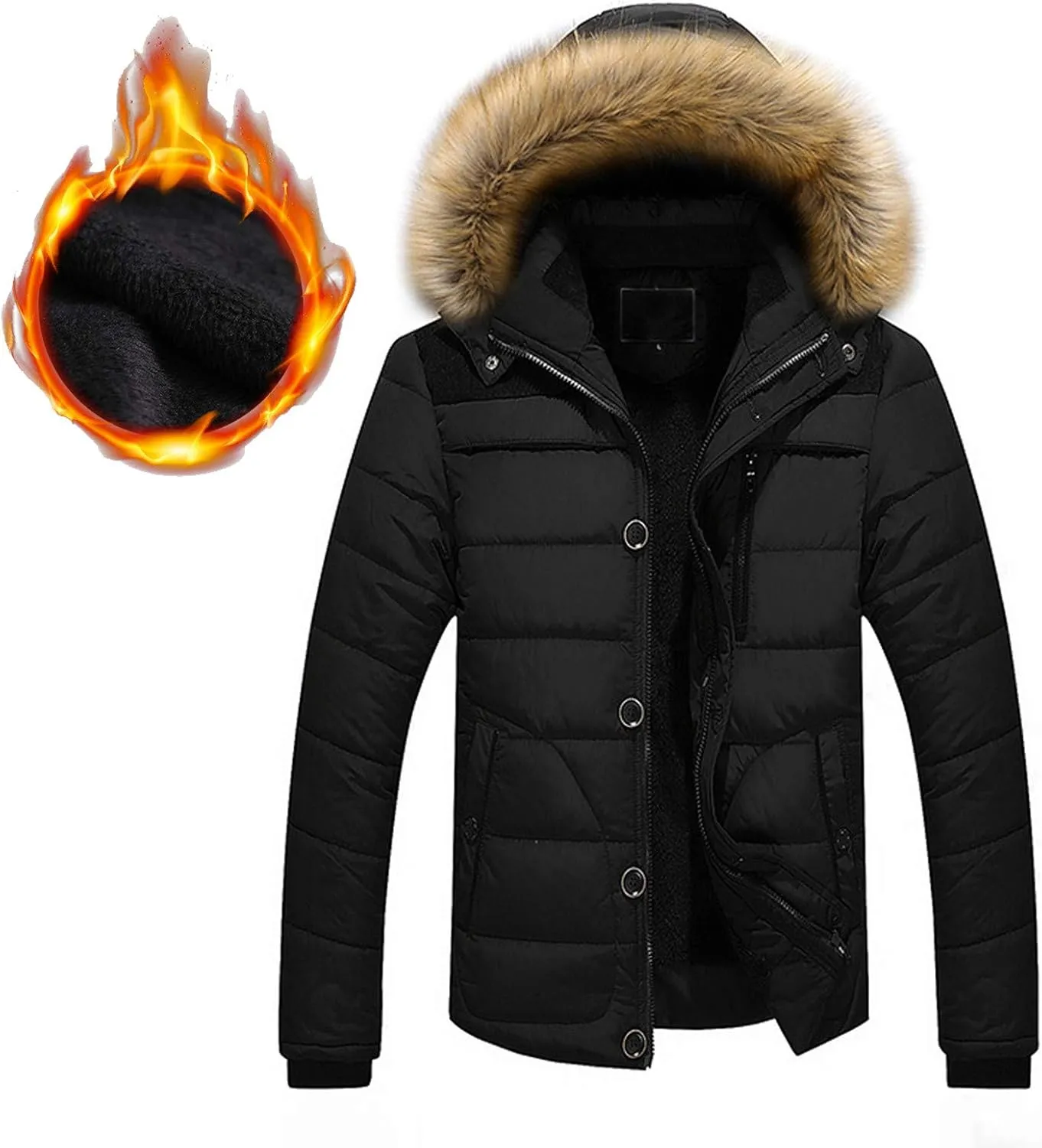 Men arge Size Cotton Coat Thick Warm Plush Hooded Jacket Zipper Button Windproof Long Sleeve Outerwear with Pocket