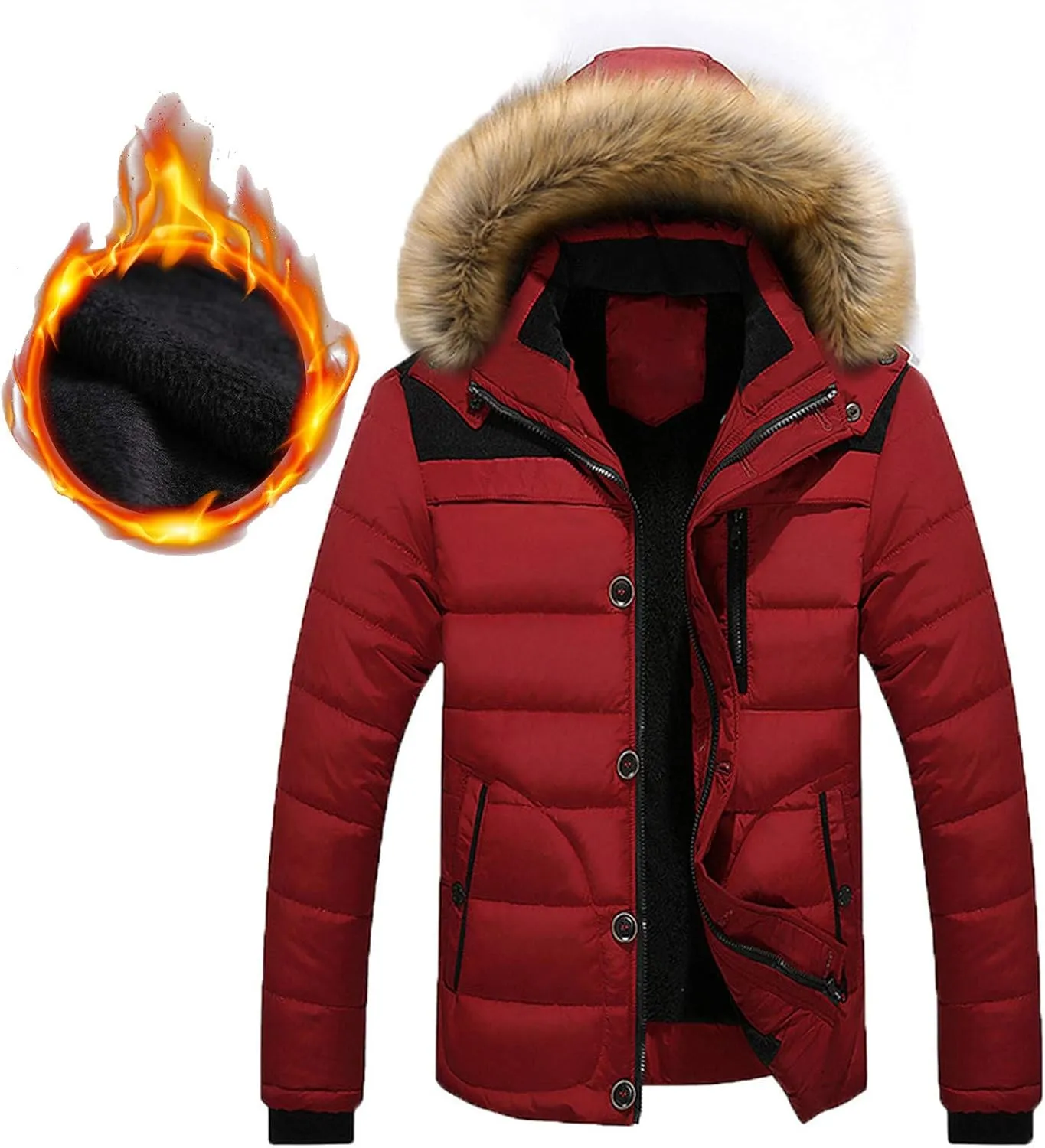 Men arge Size Cotton Coat Thick Warm Plush Hooded Jacket Zipper Button Windproof Long Sleeve Outerwear with Pocket