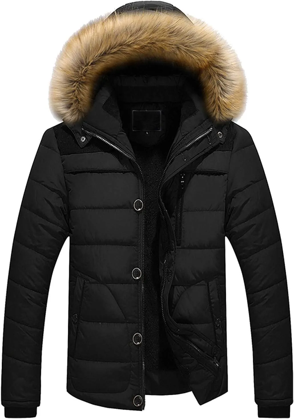 Men arge Size Cotton Coat Thick Warm Plush Hooded Jacket Zipper Button Windproof Long Sleeve Outerwear with Pocket
