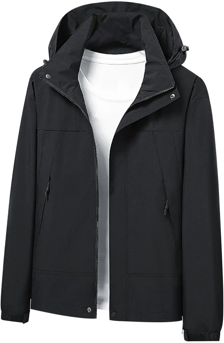 Men Button Zipper Jacket Stand Collar Hooded Outdoor Windproof Jacket Fashion Long Sleeve Outerwear with Pocket