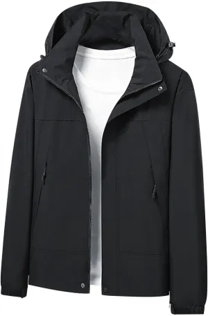 Men Button Zipper Jacket Stand Collar Hooded Outdoor Windproof Jacket Fashion Long Sleeve Outerwear with Pocket