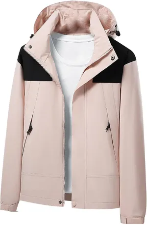 Men Button Zipper Jacket Stand Collar Hooded Outdoor Windproof Jacket Fashion Long Sleeve Outerwear with Pocket