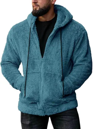 Men Double Sided Fleece Zipper Cardigan Coat Solid Color Fuzzy Warm Hooded Jacket Drawstring with Pockets Outwear