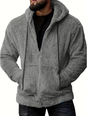 Men Double Sided Fleece Zipper Cardigan Coat Solid Color Fuzzy Warm Hooded Jacket Drawstring with Pockets Outwear