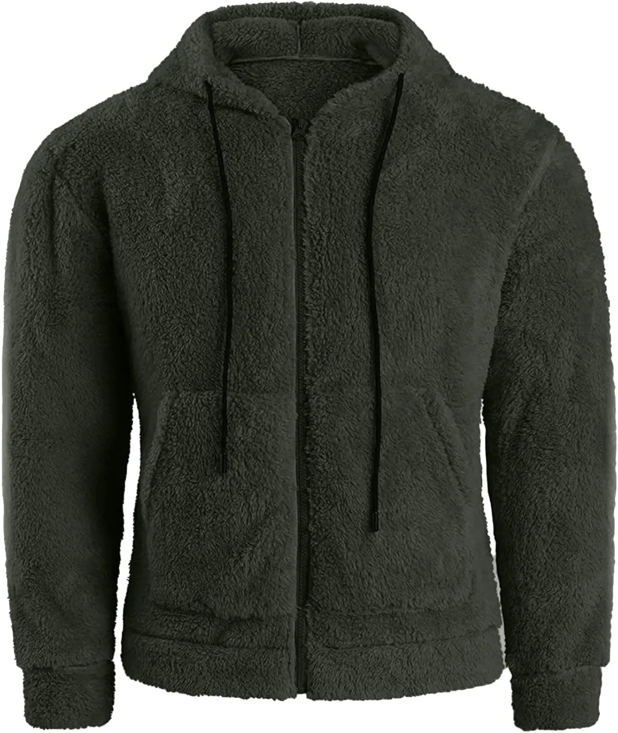 Men Double Sided Fleece Zipper Cardigan Coat Solid Color Fuzzy Warm Hooded Jacket Drawstring with Pockets Outwear