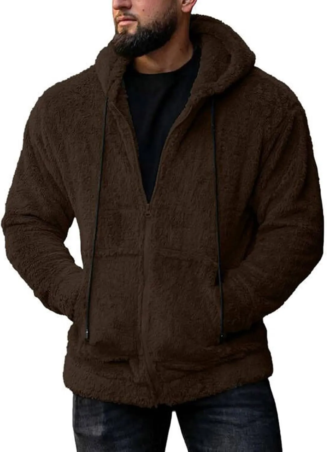 Men Double Sided Fleece Zipper Cardigan Coat Solid Color Fuzzy Warm Hooded Jacket Drawstring with Pockets Outwear