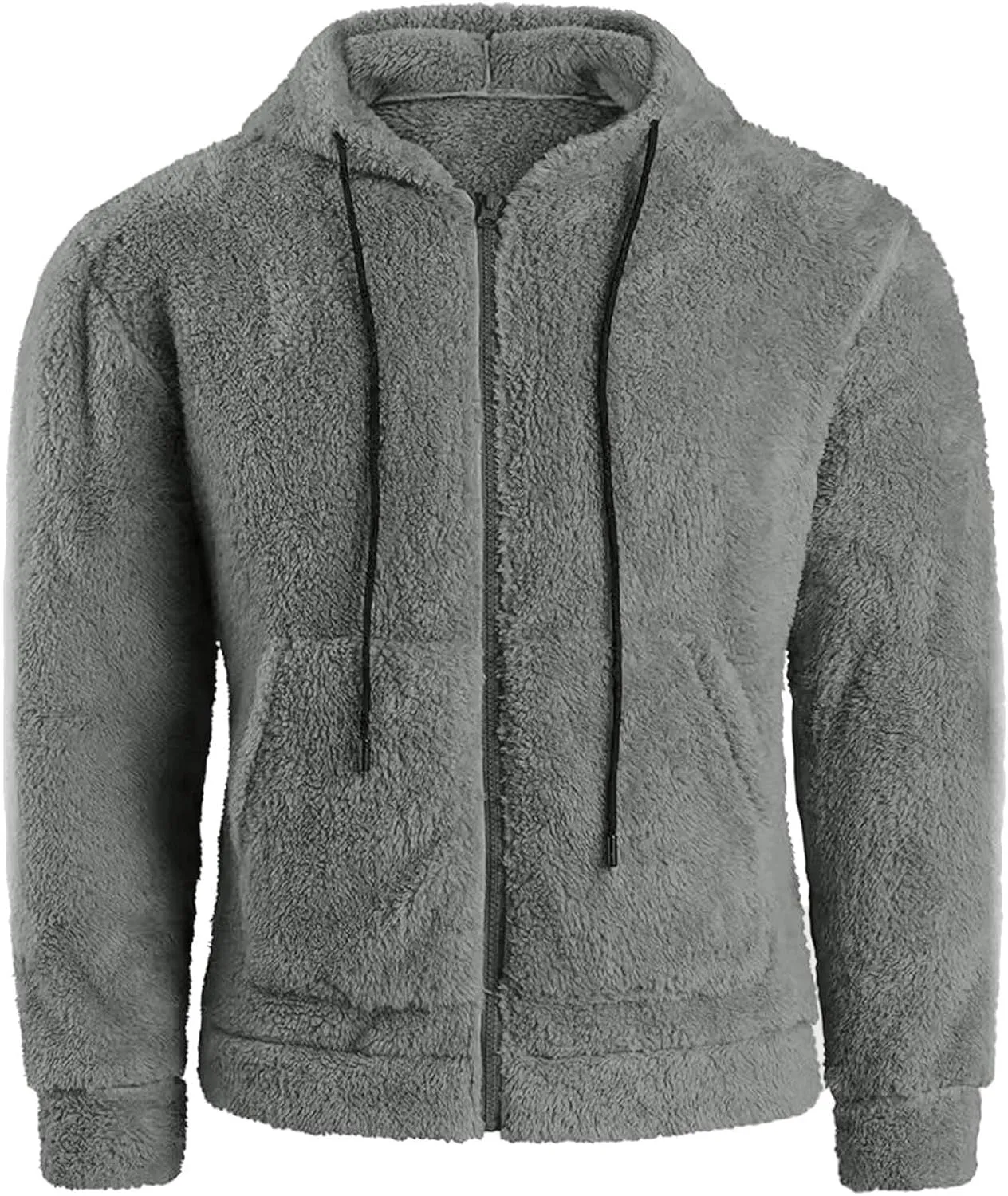 Men Double Sided Fleece Zipper Cardigan Coat Solid Color Fuzzy Warm Hooded Jacket Drawstring with Pockets Outwear