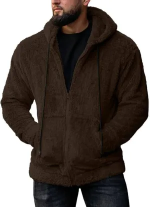 Men Double Sided Fleece Zipper Cardigan Coat Solid Color Fuzzy Warm Hooded Jacket Drawstring with Pockets Outwear