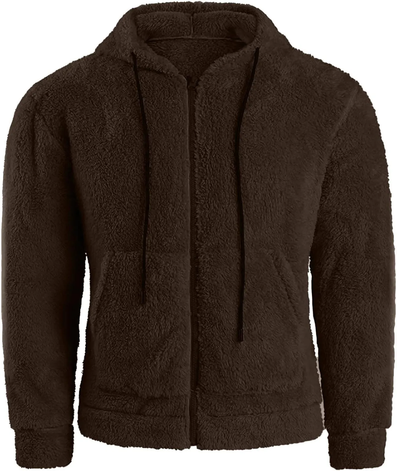 Men Double Sided Fleece Zipper Cardigan Coat Solid Color Fuzzy Warm Hooded Jacket Drawstring with Pockets Outwear
