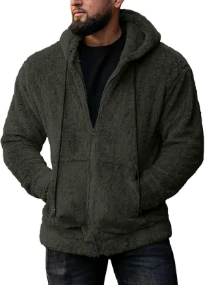 Men Double Sided Fleece Zipper Cardigan Coat Solid Color Fuzzy Warm Hooded Jacket Drawstring with Pockets Outwear