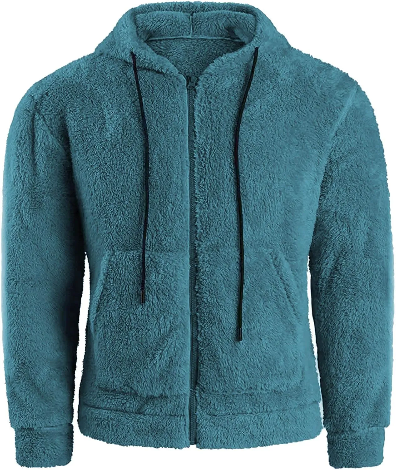 Men Double Sided Fleece Zipper Cardigan Coat Solid Color Fuzzy Warm Hooded Jacket Drawstring with Pockets Outwear