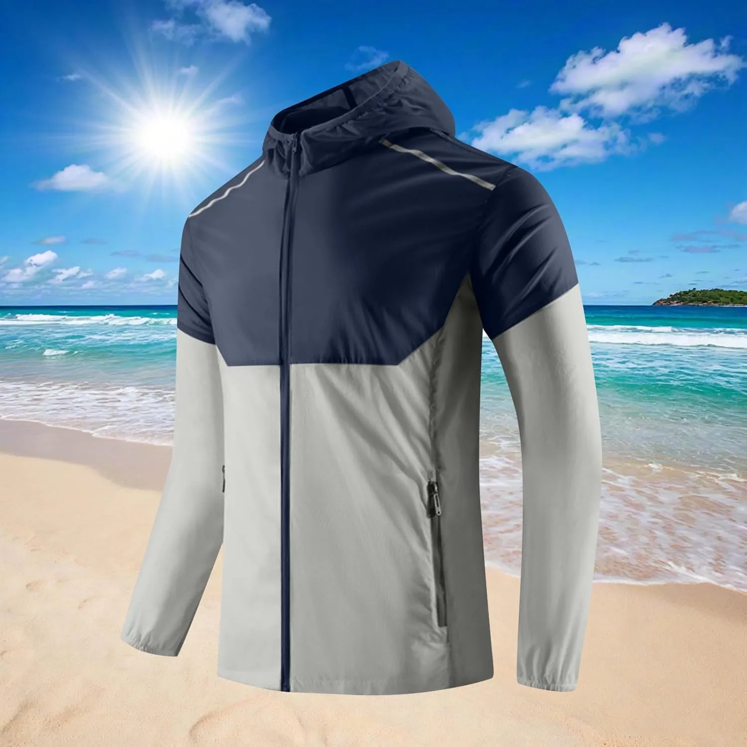 Men Summer UPF 50  Fishing Shirts, Full Zip Long Sleeve UV Sun Hoodie, Hiking Running Swimming Athletic Workout Shirt